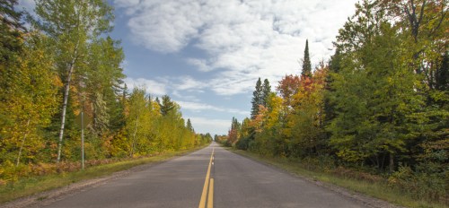 A straight road lined with trees in vibrant autumn colors under a partly cloudy sky.