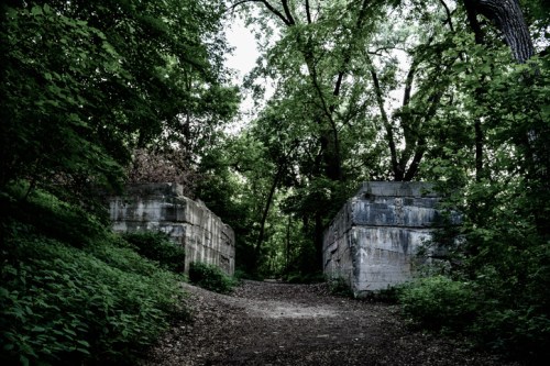 A narrow path leads between two weathered concrete structures, surrounded by dense greenery and trees.