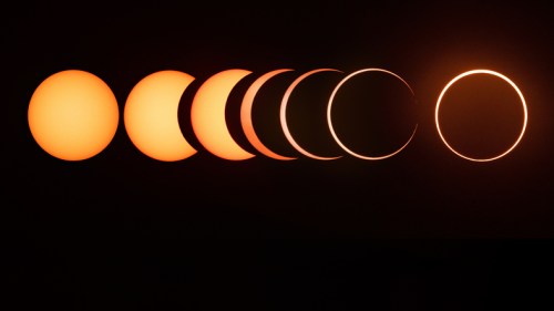 A sequence of images showing the phases of a solar eclipse, from full sun to total eclipse and back to full sun.