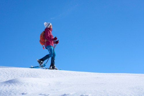 A person in winter gear snowshoeing on a snowy landscape under a clear blue sky.