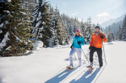 Two people snowshoeing in a snowy forest, surrounded by tall trees and mountains under a clear blue sky.