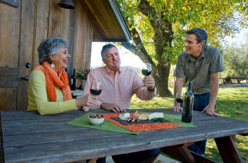 Three people enjoy wine and snacks at an outdoor table, laughing and chatting in a scenic, sunny setting.