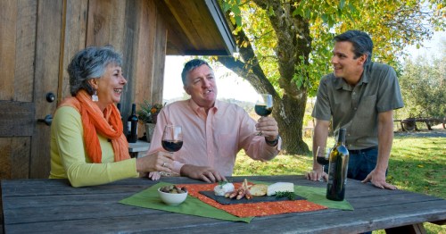 Three people enjoy wine and snacks at a rustic outdoor table, laughing and toasting in a scenic setting.