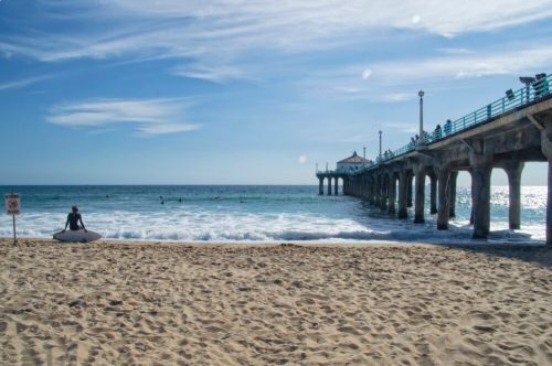 A sandy beach with a surfer sitting on the shore, a pier in the background, and surfers in the ocean under a blue sky.