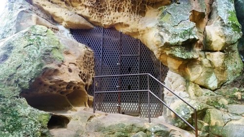 A metal gate set into a rocky cave entrance, surrounded by textured stone and greenery.