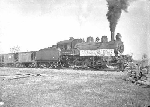 A vintage steam locomotive with a banner, surrounded by freight cars and a grassy landscape. Smoke billows from the chimney.