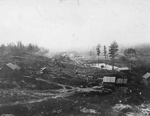 A black-and-white photo of a foggy landscape with cleared land, small buildings, and a pond surrounded by trees.