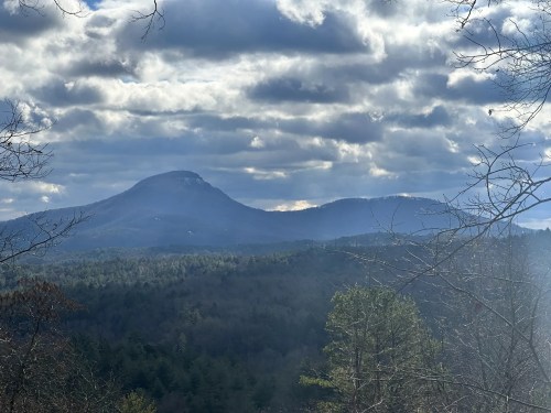 A scenic view of mountains under a cloudy sky, with trees in the foreground and mist in the valleys.