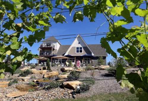 A charming house with a tower, surrounded by greenery and rocks, under a clear blue sky.