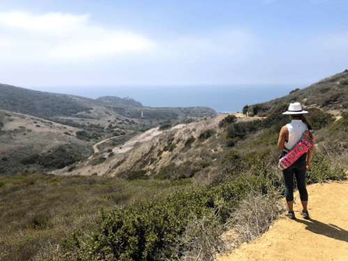 A person stands on a hiking trail, overlooking a scenic coastal view with hills and ocean in the background.