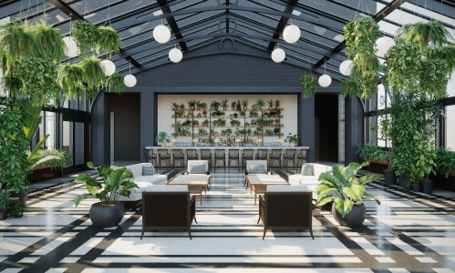 A modern indoor lounge with plants, seating areas, and a bar, featuring large windows and a bright, airy atmosphere.