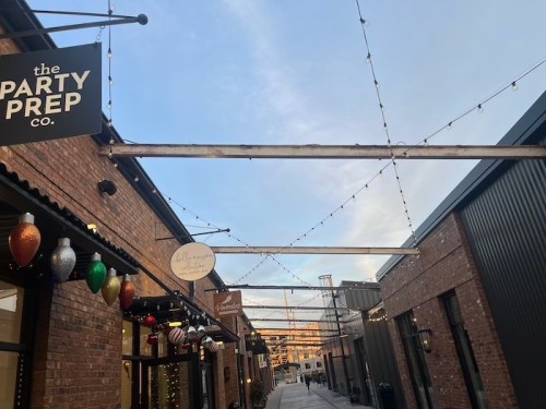 A charming alleyway with string lights and festive decorations, featuring shops with signs and brick walls.