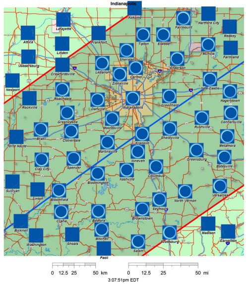 Map of Indiana showing various towns and cities, with grid lines and markers indicating locations.