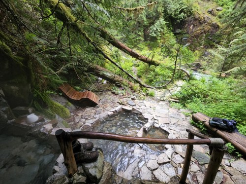A serene natural hot spring surrounded by lush greenery and rocks, with a wooden bench and a pair of boots nearby.