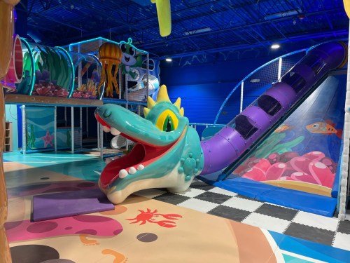 A colorful indoor play area featuring a dragon-themed slide and various playful structures.