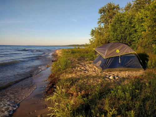 A tent set up on a sandy beach by a calm lake, surrounded by greenery and under a clear blue sky.