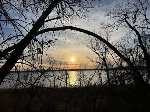 Sunset over a calm lake, framed by bare trees and branches, creating a serene and tranquil atmosphere.