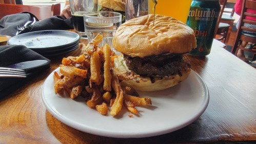 A juicy burger with a toasted bun, served with crispy fries on a white plate, with drinks in the background.