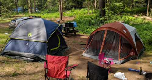 Two tents set up in a wooded campsite, with camping chairs and a picnic table nearby.
