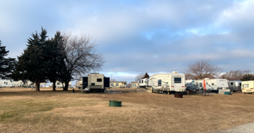 A grassy area with several RVs parked under cloudy skies, surrounded by trees and a few scattered containers.
