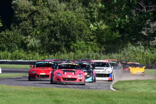 A group of race cars competes on a track, kicking up dust as they navigate a turn surrounded by greenery.