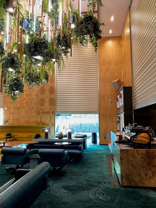 Modern restaurant interior with green plants hanging, wooden walls, and stylish seating. Bright natural light from windows.
