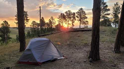 A tent set up in a forest clearing at sunset, with trees silhouetted against a colorful sky.