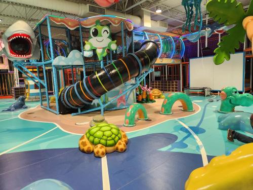 Colorful indoor playground featuring a large slide, climbing structures, and playful sea creature decorations.
