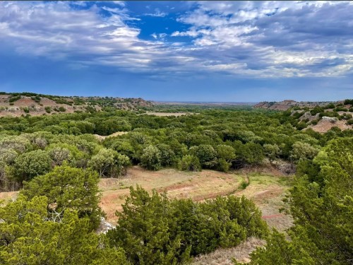 A panoramic view of a lush green valley surrounded by hills under a cloudy sky.