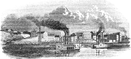 An illustration of steamboats on a river, with factories and smoke rising in the background, depicting industrial activity.