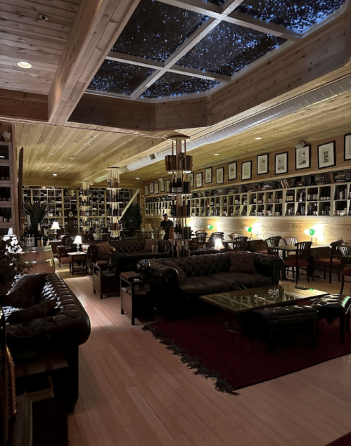 Cozy library lounge with wooden walls, bookshelves, plush seating, and soft lighting creating a warm atmosphere.