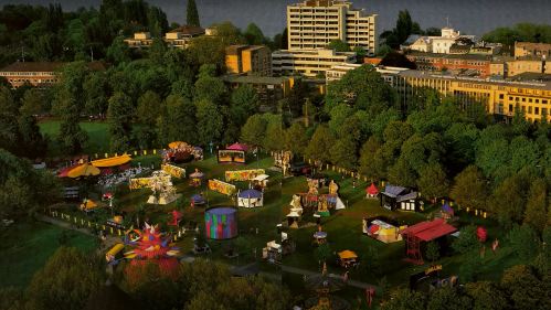 Aerial view of a vibrant outdoor festival with colorful tents, art installations, and lush greenery in an urban setting.