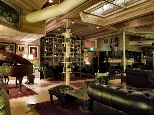 Cozy interior of a rustic lounge with a grand piano, bookshelves, and elegant decor under a skylight.