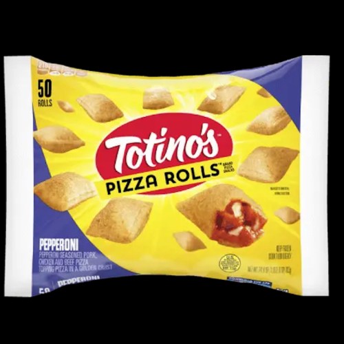 A bag of Totino's Pizza Rolls featuring pepperoni flavor, containing 50 rolls on a bright yellow background.