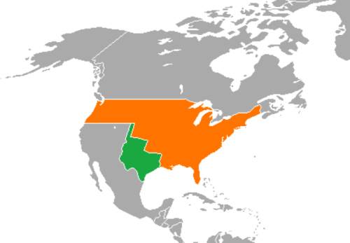 Map of North America highlighting Tennessee in orange and Texas in green. Other states are shown in gray.