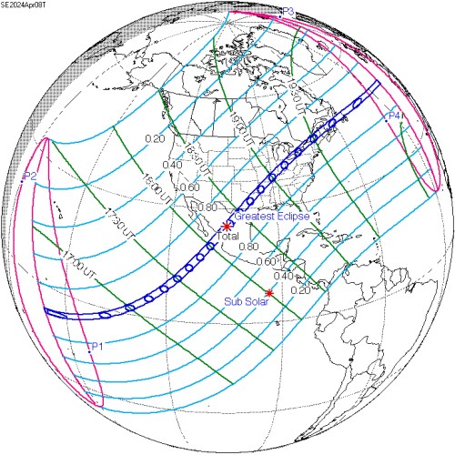 Map showing the path of a total solar eclipse, with lines indicating the greatest eclipse and sub-solar points.