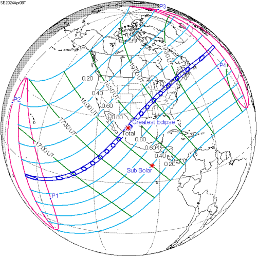 Map showing the path of a total solar eclipse, with lines indicating the greatest eclipse and sub-solar points.