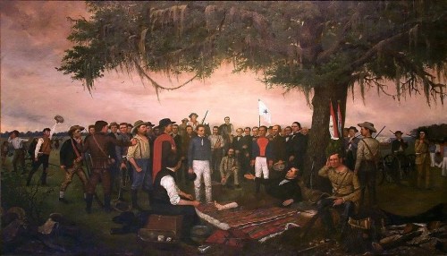 A historical scene depicting a gathering of soldiers and leaders under a large tree, with flags and a tense atmosphere.