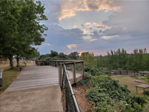 A wooden walkway lined with greenery, leading to a sunset over a park with trees and a cloudy sky.