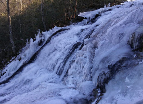 A frozen waterfall with ice formations cascading down rocky terrain, surrounded by trees.