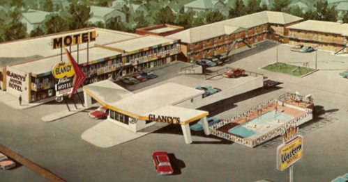 A vintage illustration of a motel with a pool, cars parked, and surrounding trees. Bright signage visible.