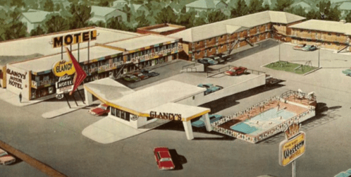 Vintage illustration of a motel with a pool, cars parked, and a sign reading "Glandy's Motel."