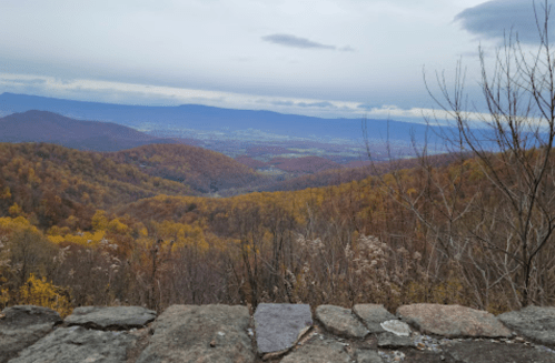 A scenic view of rolling hills and valleys with autumn foliage under a cloudy sky.