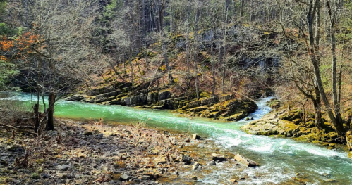 A serene river flows through a rocky landscape, surrounded by trees and moss-covered rocks in a peaceful natural setting.