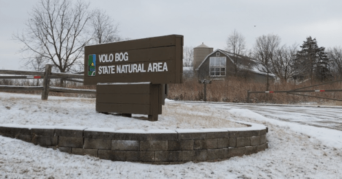 Sign for Volo Bog State Natural Area, with a snowy landscape and a building in the background.