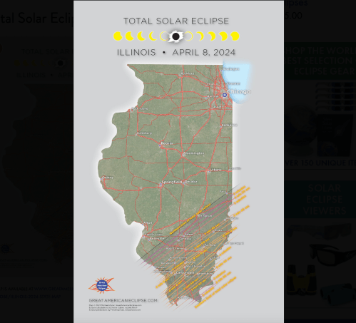 Map of Illinois showing the path of the total solar eclipse on April 8, 2024, with major cities and viewing locations marked.