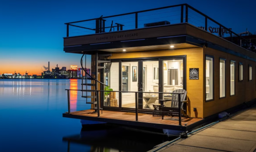 A modern houseboat at dusk, featuring large windows and a deck overlooking calm waters and city lights.