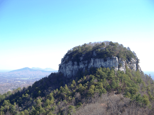 A rocky mountain peak surrounded by trees, with a clear blue sky and distant hills in the background.