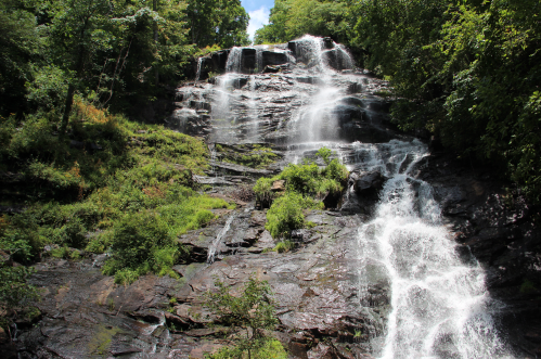 A cascading waterfall flows down a rocky cliff, surrounded by lush green trees and bright blue skies.