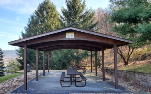 A wooden pavilion with a picnic table, surrounded by trees and a scenic view in the background.